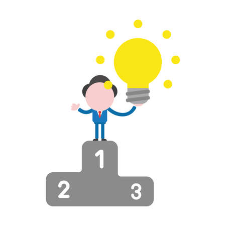 Vector illustration businessman character holding glowing light bulb idea on first place of winners podium.のイラスト素材