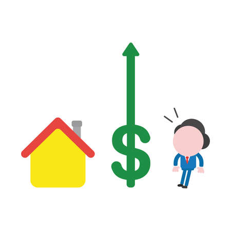 Vector illustration businessman character with house and looking dollar arrow moving up.のイラスト素材