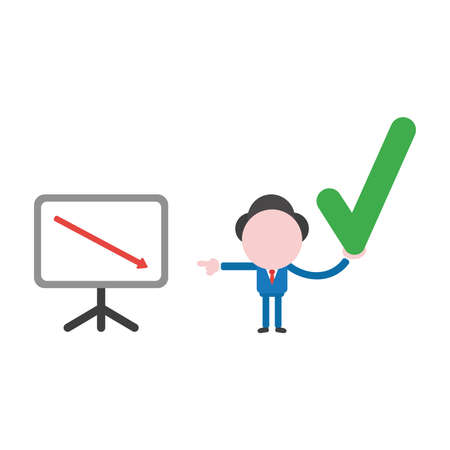 Vector illustration businessman character with sales chart arrow moving down and holding check mark.のイラスト素材