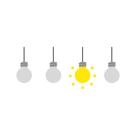 Vector illustration icon concept of three grey light bulbs and one glowing light bulb idea.のイラスト素材