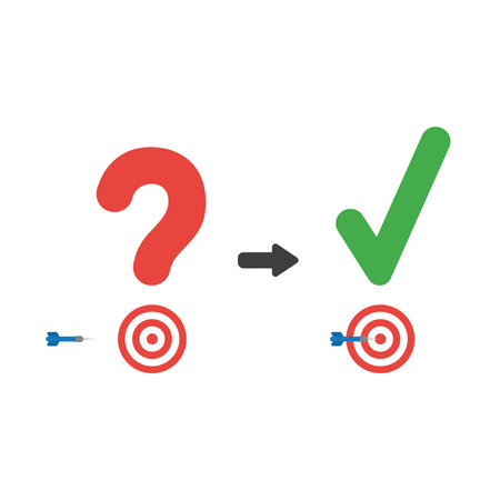 Vector illustration icon concept of question mark and check mark with bulls eye and dart in the center.のイラスト素材