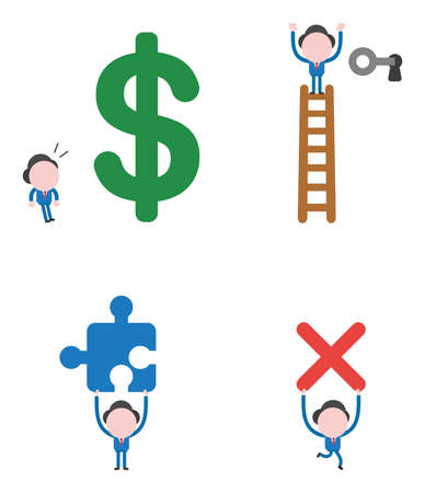 Vector illustration set of businessman mascot character looking big dollar money symbol, at top of ladder and unlock keyhole with key, holding up missing puzzle piece and running, carrying x mark.のイラスト素材