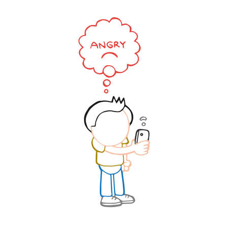 Vector hand-drawn cartoon illustration of man standing holding smartphone with angry thought bubble for bad wifi signal.のイラスト素材
