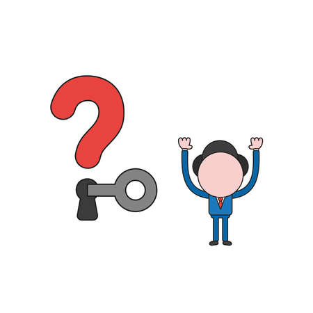 Vector illustration concept of businessman character unlock question mark keyhole with key. Color and black outlines.のイラスト素材