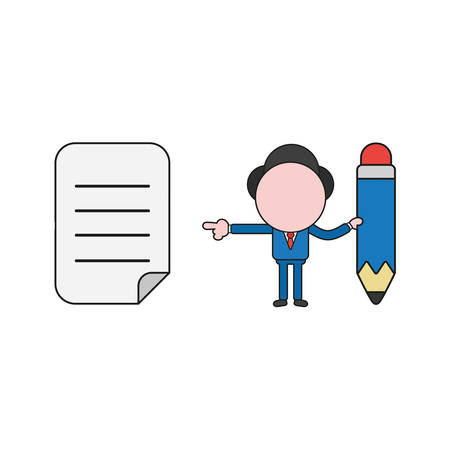 Vector illustration concept of businessman character holding pencil and pointing written paper. Color and black outlines.のイラスト素材