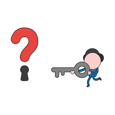 Vector illustration concept of businessman character running and carrying key to question mark keyhole. Color and black outlines.のイラスト素材