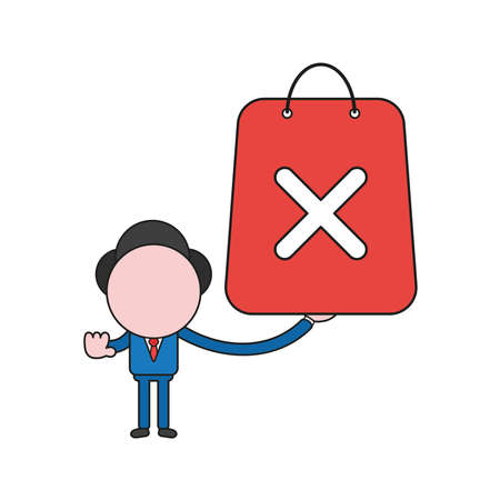 Vector illustration concept of businessman character holding shopping bag with x mark. Color and black outlines.のイラスト素材