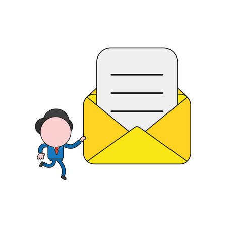 Vector illustration concept of businessman character running and holding mail envelope with written paper. Color and black outlines.のイラスト素材