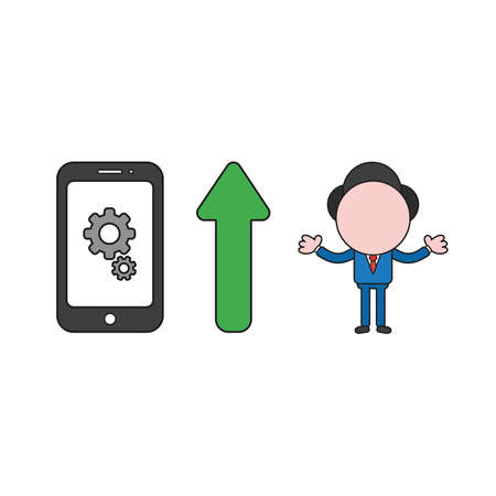 Vector illustration concept of businessman character with gears inside smartphone and arrow pointing up. Color and black outlines.のイラスト素材