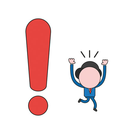 Vector illustration concept of businessman character running away from exclamation mark. Color and...