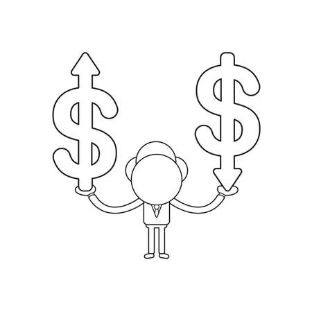 Vector illustration concept of businessman character holding dollar symbols with arrow moving up and down. Black outline.のイラスト素材