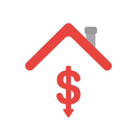 Vector illustration icon concept of dollar symbol arrow moving down under house roof.のイラスト素材