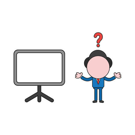 Vector illustration concept of confused businessman character with blank presentation chart. Color and black outlines.のイラスト素材