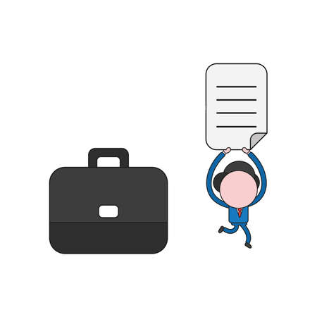 Vector illustration concept of businessman character with briefcase and running, holding up written paper. Color and black outlines.のイラスト素材