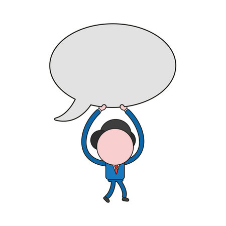 Vector illustration concept of businessman character walking and carrying blank speech bubble. Color and black outlines.のイラスト素材