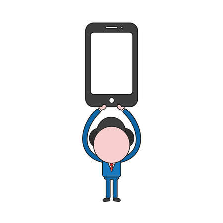 Vector illustration concept of businessman character holding up smartphone. Color and black outlines.のイラスト素材