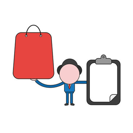 Vector illustration concept of businessman character holding shopping bag and clipboard with blank paper. Color and black outlines.のイラスト素材