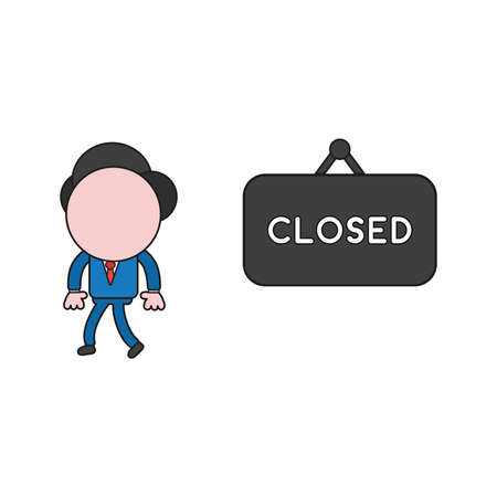 Vector illustration concept of businessman character with closed hanging sign and walking. Color and black outlines.のイラスト素材