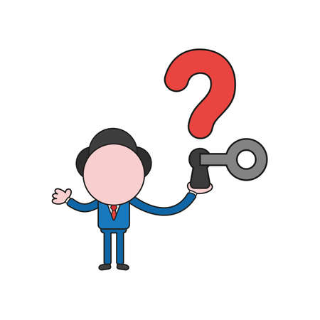 Vector illustration concept of businessman character holding question mark with keyhole and key unlock. Color and black outlines.のイラスト素材