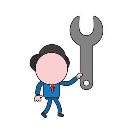 Vector illustration concept of businessman character walking and holding spanner. Color and black outlines.のイラスト素材