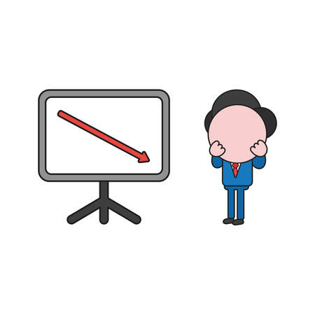Vector illustration concept of businessman character with sales chart arrow moving down. Color and black outlines.のイラスト素材