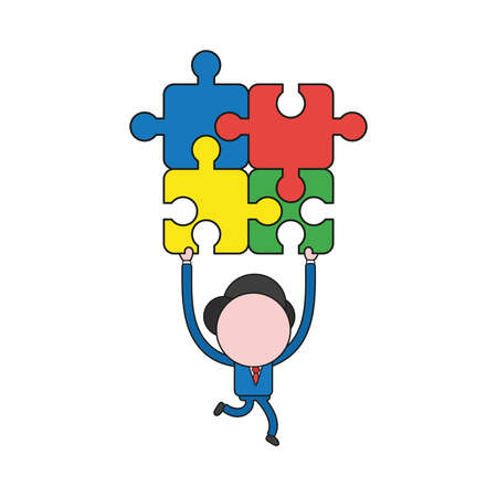 Vector illustration concept of businessman character running and carrying four connected jigsaw puzzle pieces. Color and black outlines.のイラスト素材