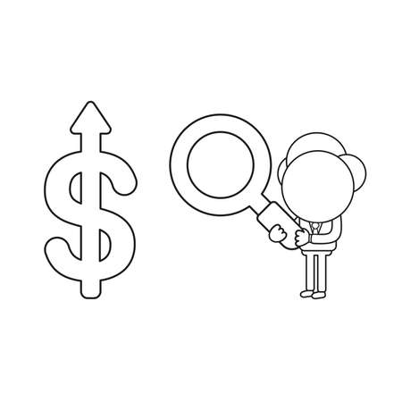 Vector illustration concept of businessman character holding magnifying glass to dollar arrow moving up. Black outline.のイラスト素材