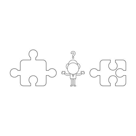 Vector illustration concept of confused businessman character between incompatible puzzle pieces. Black outline.のイラスト素材