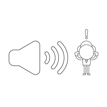 Vector illustration concept of businessman character with sound symbol and closing ears. Black outline.のイラスト素材