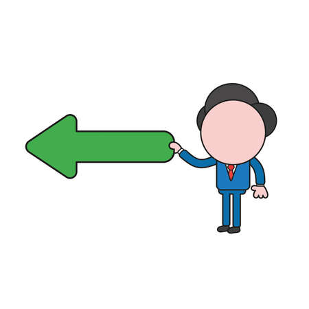 Vector illustration concept of businessman character holding arrow pointing left. Color and black outlines.のイラスト素材