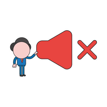Vector illustration concept of businessman character holding sound off symbol. Color and black outlines.のイラスト素材