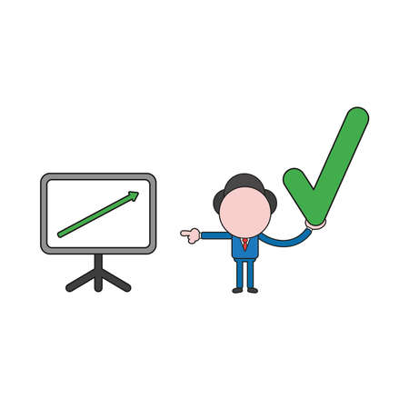 Vector illustration concept of businessman character holding check mark and pointing sales chart arrow moving up. Color and black outlines.のイラスト素材