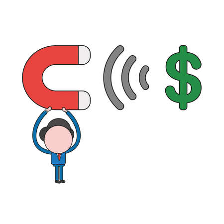 Vector illustration concept of businessman character holding up magnet and attracting dollar symbol. Color and black outlines.のイラスト素材