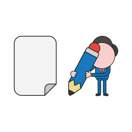 Vector illustration concept of businessman character with blank paper and holding pencil. Color and black outlines.のイラスト素材