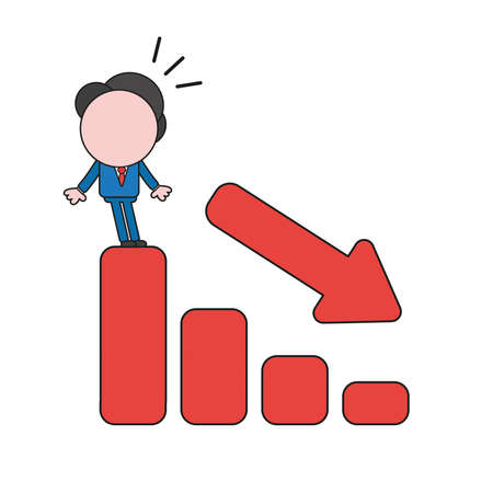 Vector illustration concept of businessman character standing on top of sales bar graph moving down and surprised. Color and black outlines.のイラスト素材