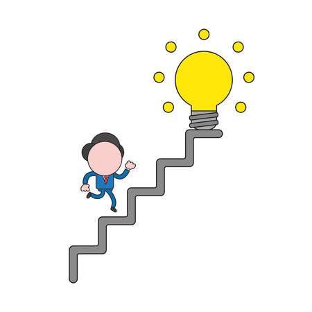 Vector illustration concept of businessman character running glowing light bulb on top of stairs. Color and black outlines.のイラスト素材