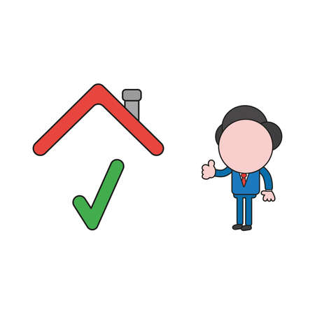 Vector illustration concept of businessman character with check mark under house roof and showing thumbs-up. Color and black outlines.のイラスト素材
