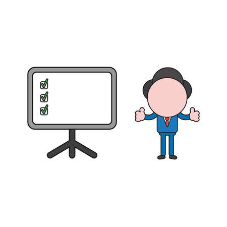 Vector illustration concept of businessman character with presentation chart and check marks and giving thumbs-up. Color and black outlines.のイラスト素材