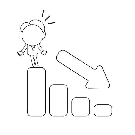 Vector illustration concept of businessman character standing on top of sales bar graph moving down and surprised. Black outline.のイラスト素材