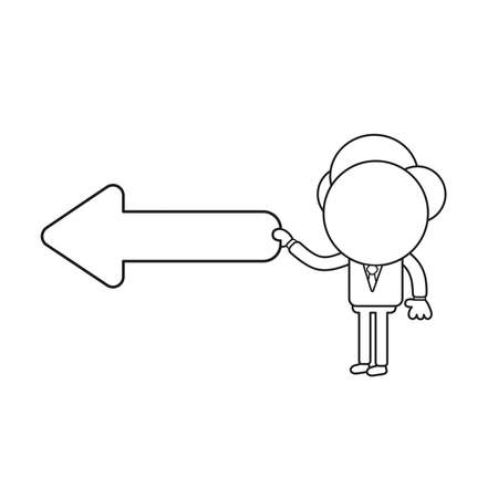 Vector illustration concept of businessman character holding arrow pointing left. Black outline.のイラスト素材