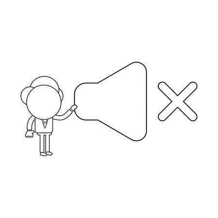 Vector illustration concept of businessman character holding sound off symbol. Black outline.のイラスト素材