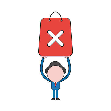 Vector illustration concept of businessman character holding up shopping bag with x mark. Color and black outlines.のイラスト素材