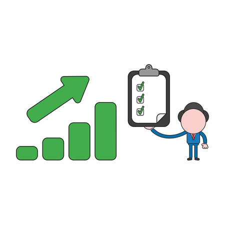 Vector illustration concept of businessman character with sales bar graph moving up, holding clipboard with check marks. Color and black outlines.のイラスト素材