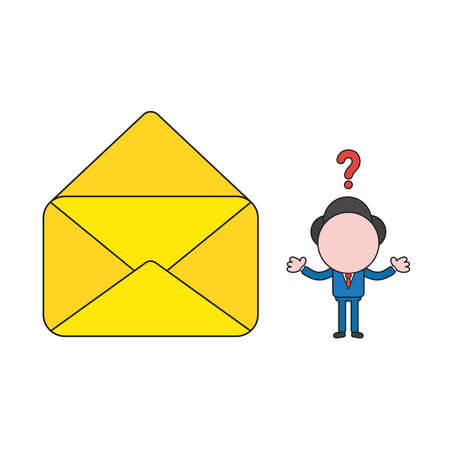 Vector illustration concept of confused businessman character with opened mail envelope. Color and black outlines.のイラスト素材