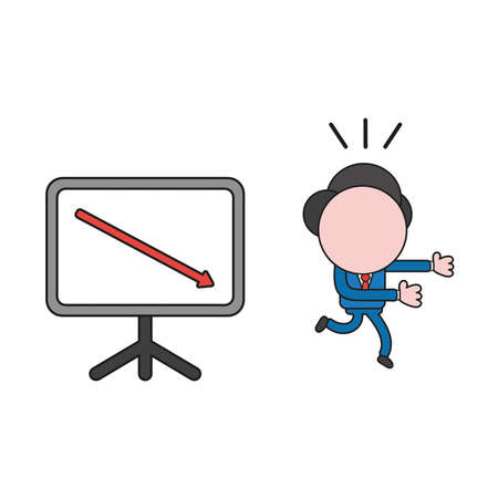 Vector illustration concept of businessman character running away from sales chart arrow moving down. Color and black outlines.のイラスト素材