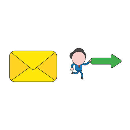 Vector illustration concept of businessman character with closed mail envelope and carrying arrow pointing right. Color and black outlines.のイラスト素材