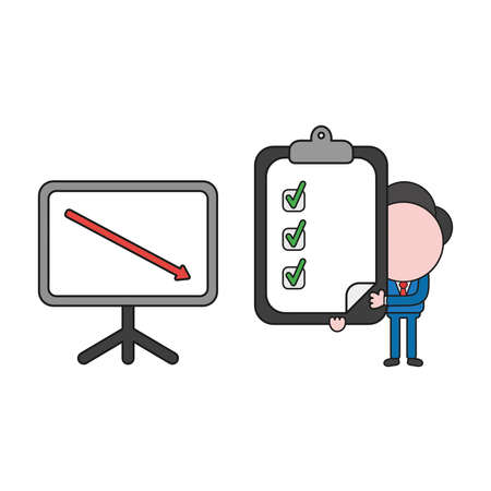 Vector illustration concept of businessman character with sales chart arrow moving down and holding clipboard and check marks. Color and black outlines.のイラスト素材