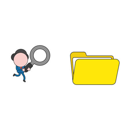 Vector illustration concept of businessman character carrying magnifying glass to opened file folder. Color and black outlines.のイラスト素材