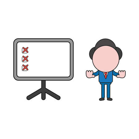 Vector illustration concept of businessman character with presentation chart and x mark and showing hand stop gesture. Color and black outlines.のイラスト素材