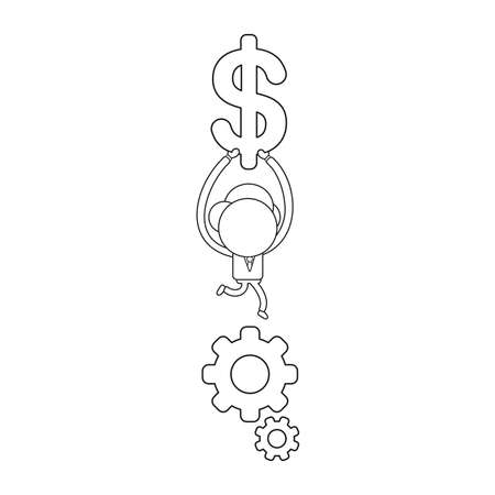 Vector illustration concept of businessman character running on gears and holding up dollar. Black outline.のイラスト素材